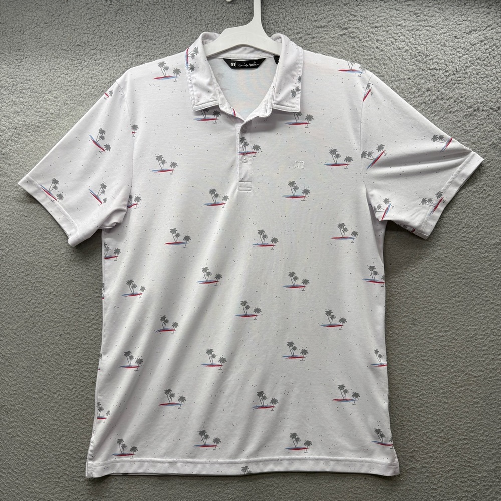 Travis Mathew Polo Shirt White Graphic Logo Stretch Lightweight Golf Men’s L